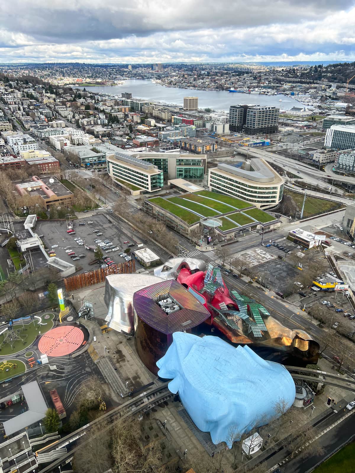 The Museum of Pop Culture is visible from the elevator in the Space Needle