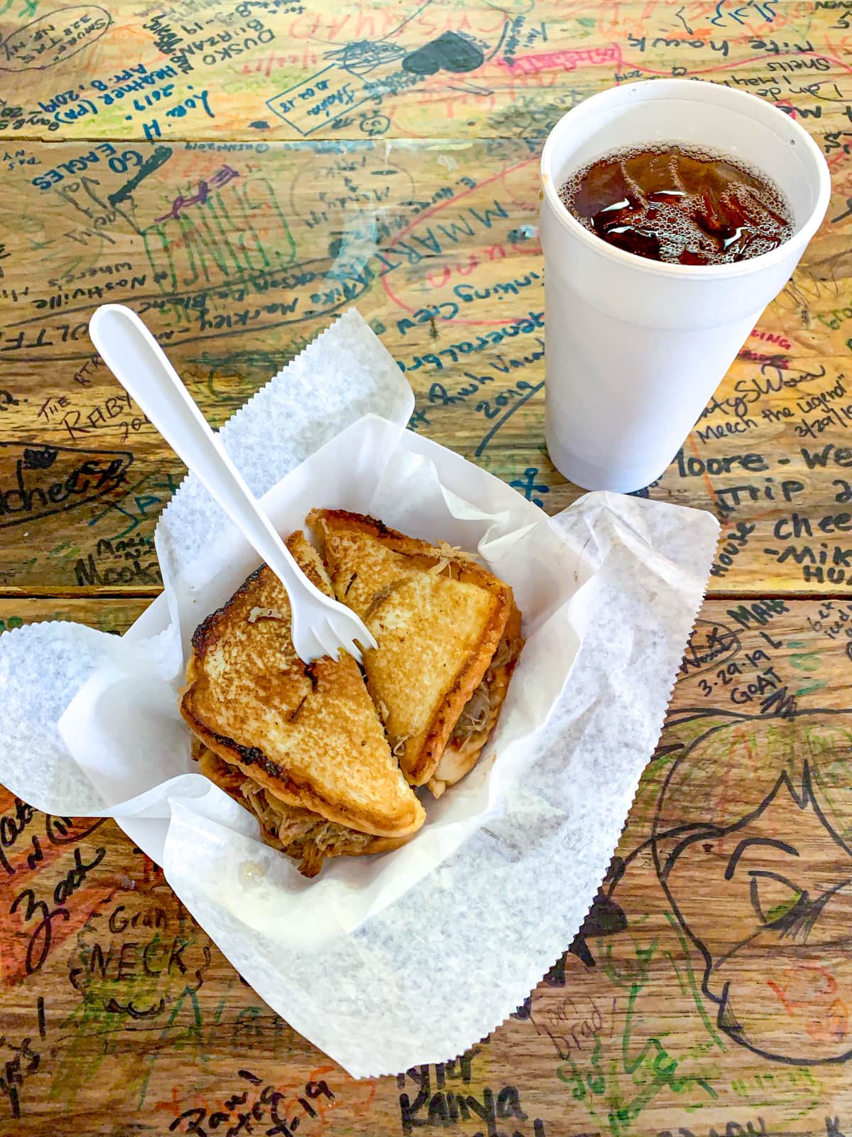 Grilled cheese on crack with a soda at  Barrel House BBQ in Lynchburg, TN