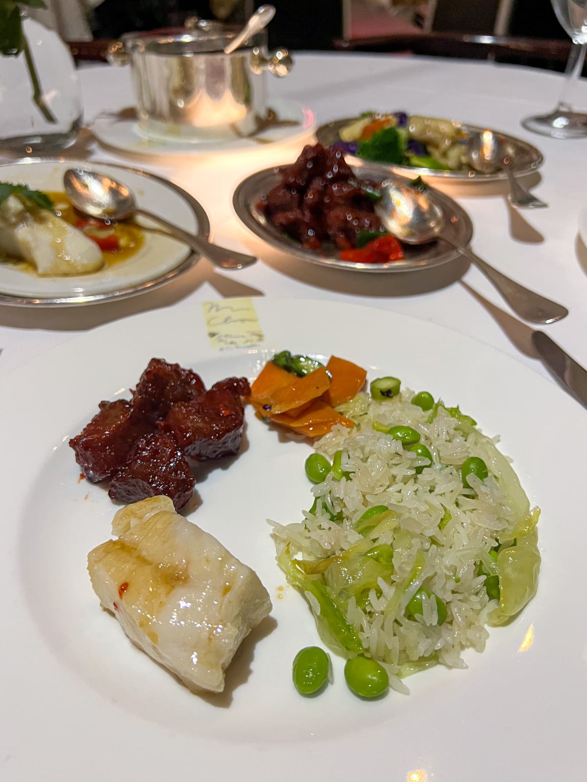 Sea bass, fiery beef, and rice at Mr Chow Beverly Hills