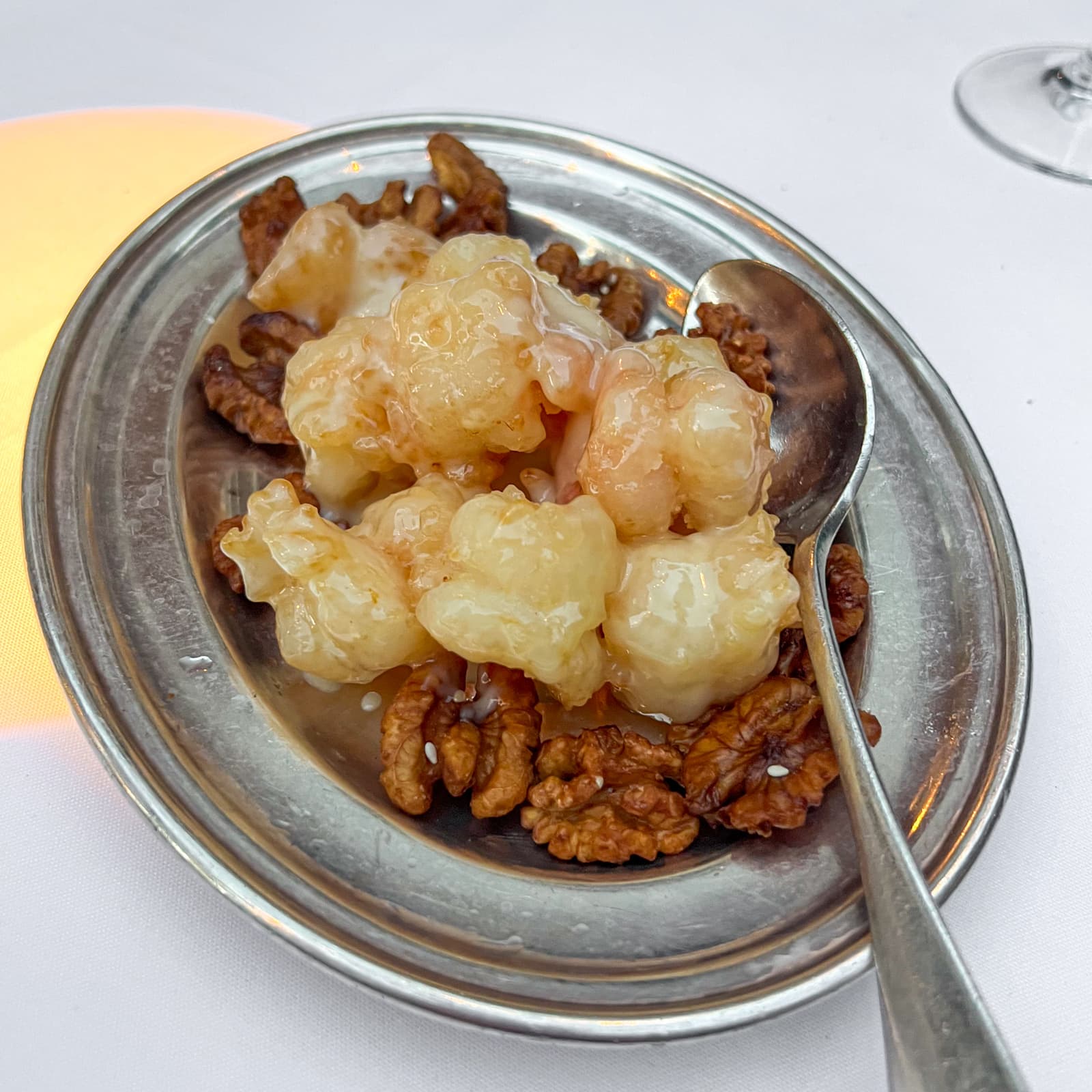 Glazed prawns with walnuts at Mr Chow