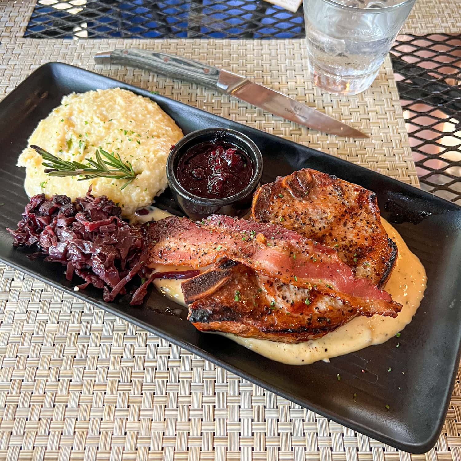 Berkshire pork chop at Cabernet Grill, one of the best restaurants in Fredericksburg, TX