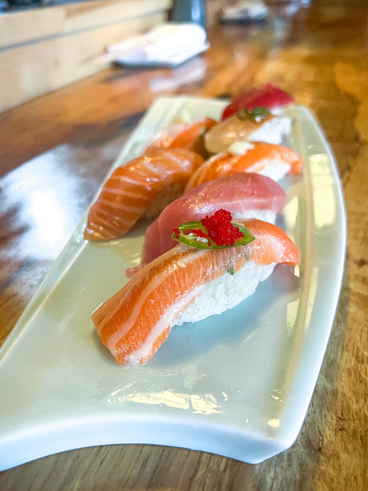 Salmon Diablo and other nigiri at Musashino Sushi Dokoro in Austin, TX