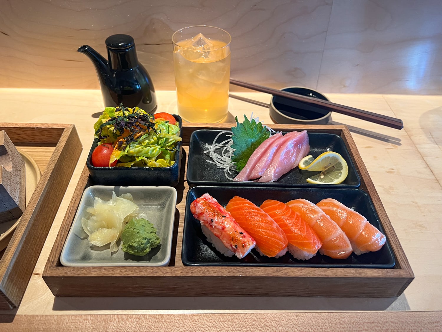 Lunch special with nigiri, sashimi, and salad at Neighborhood Sushi on South Congress