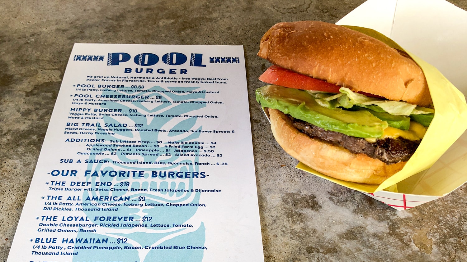 Pool cheeseburger with avocado