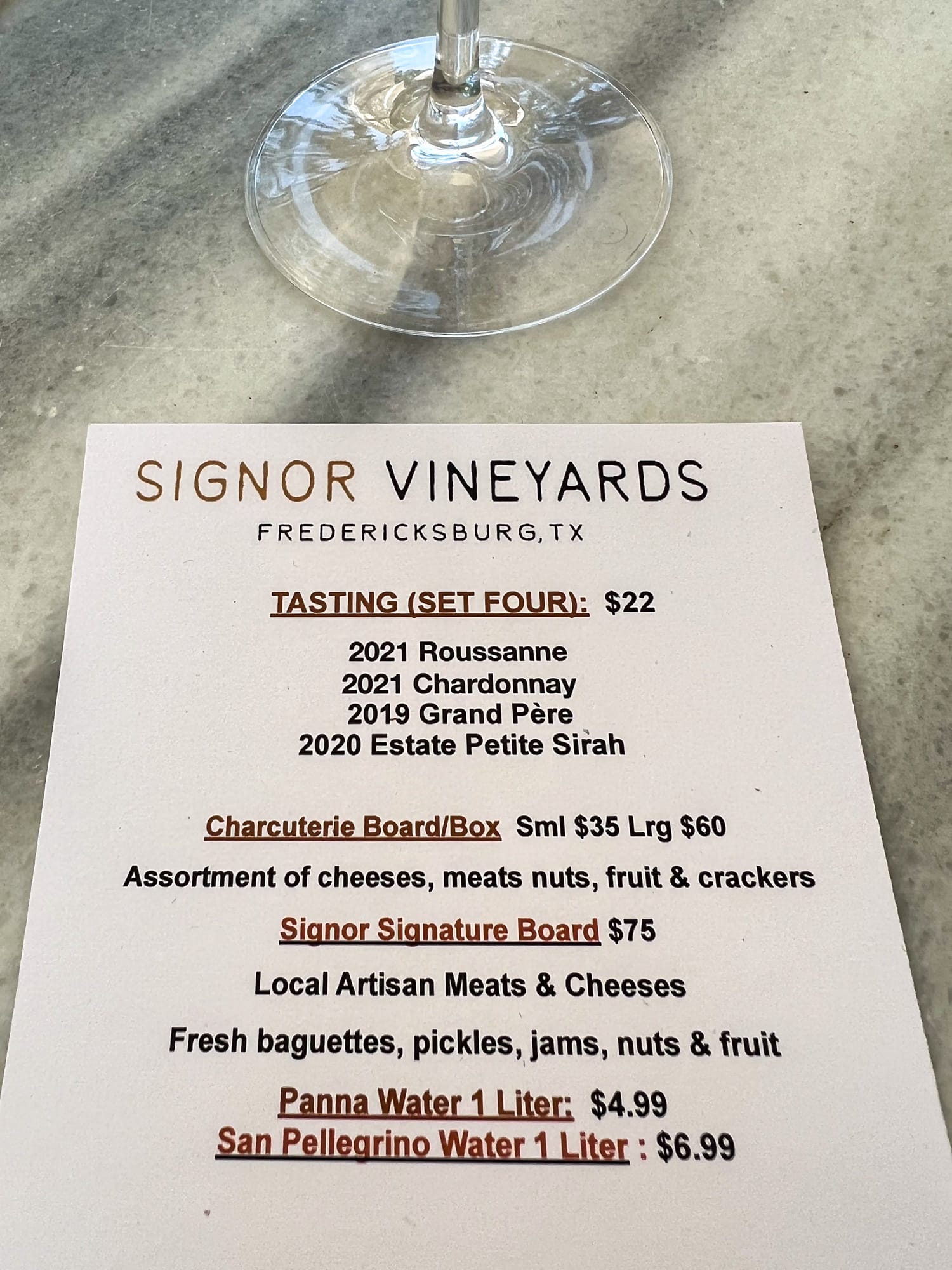 Wine tasting menu at Signor Vineyards