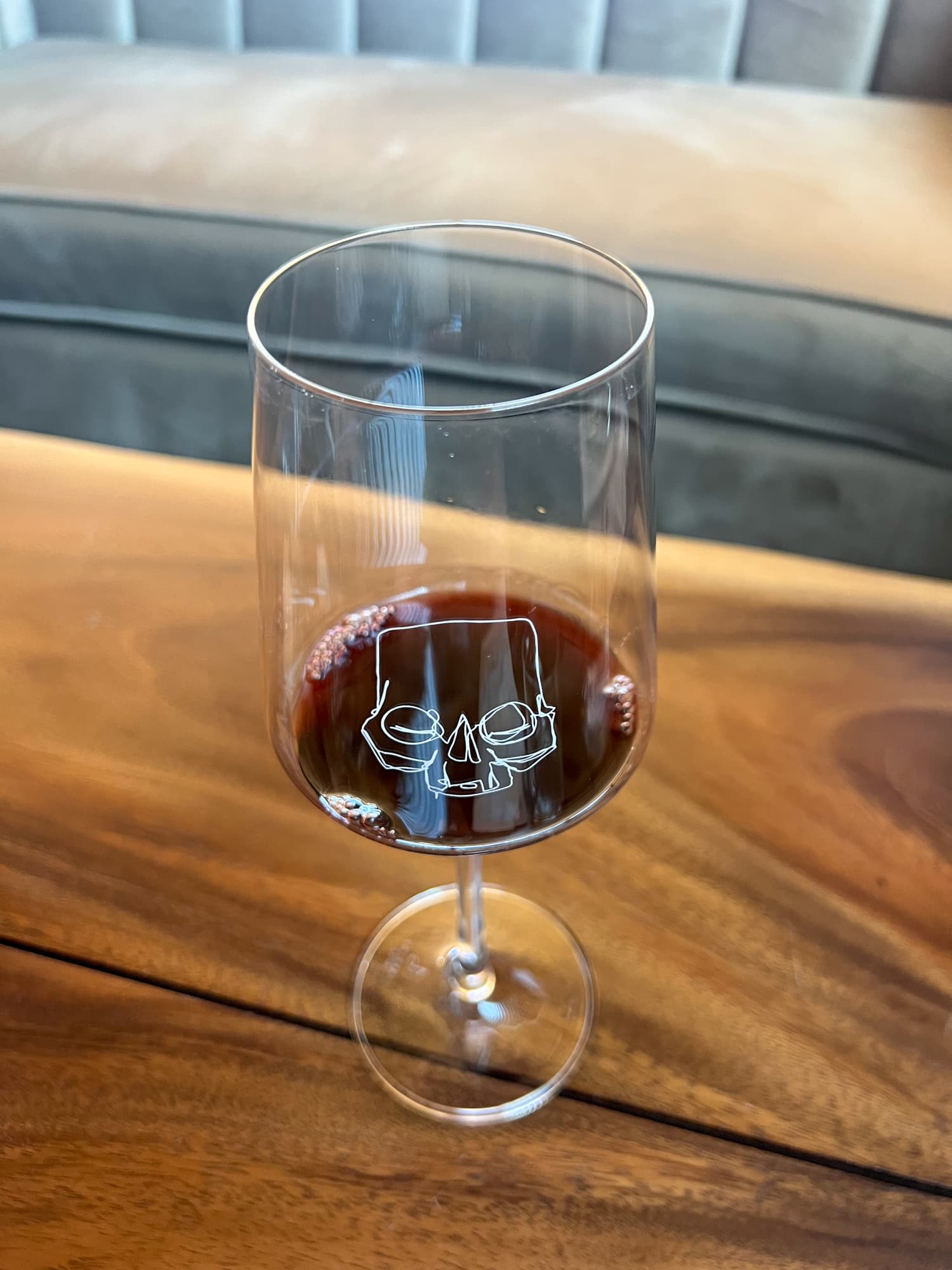 Wine tasting at Slate Theory in Fredericksburg, Texas. Pictured: A glass of The Schizophrenic 2017