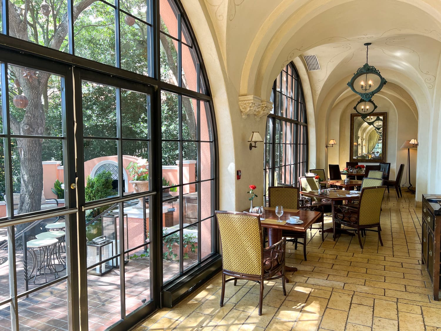 Sunlit veranda at the Mansion Restaurant at Rosewood Mansion on Turtle Creek