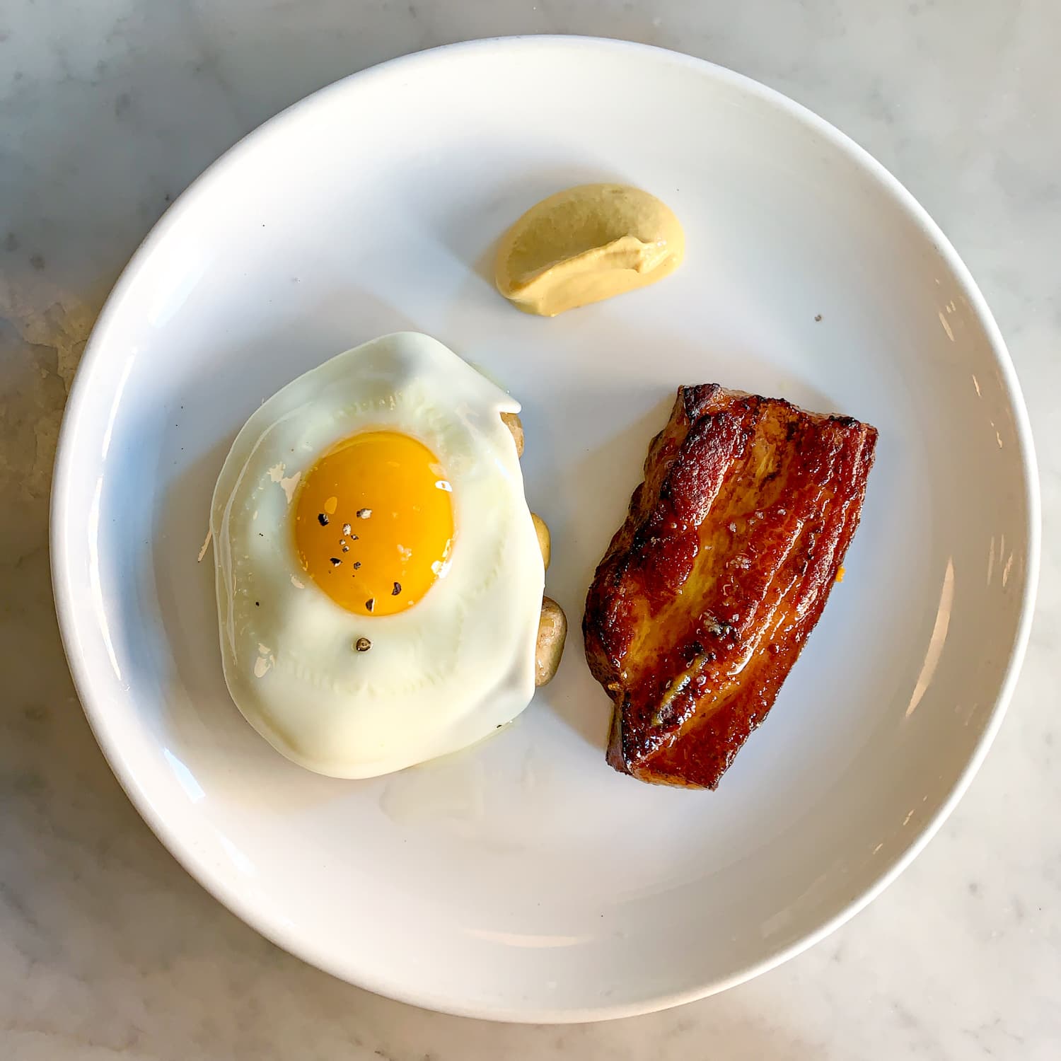 Slab bacon, Dijon, potatoes, and egg