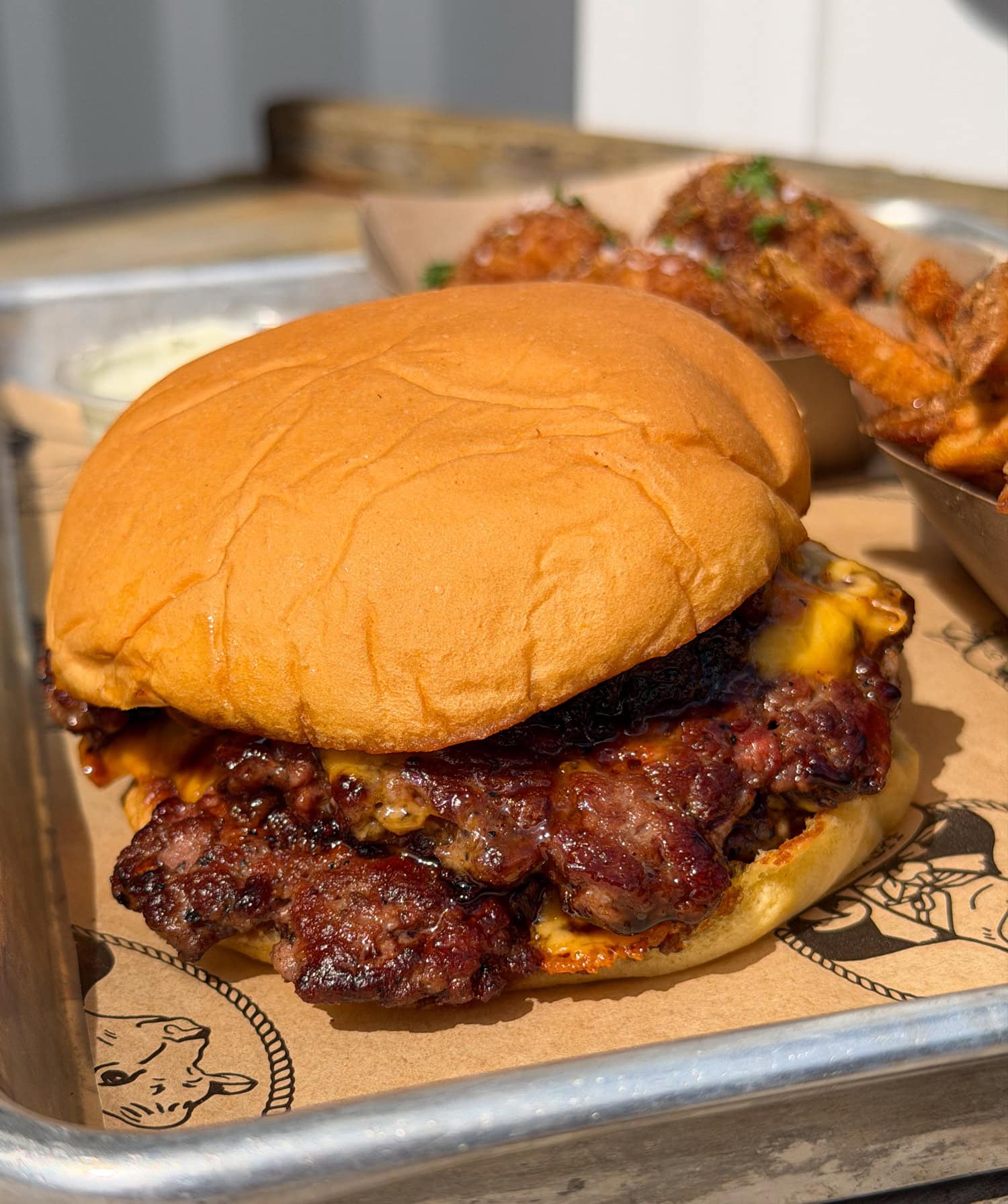 Brisket smashburger at Helberg Barbecue in Woodway near Waco Texas