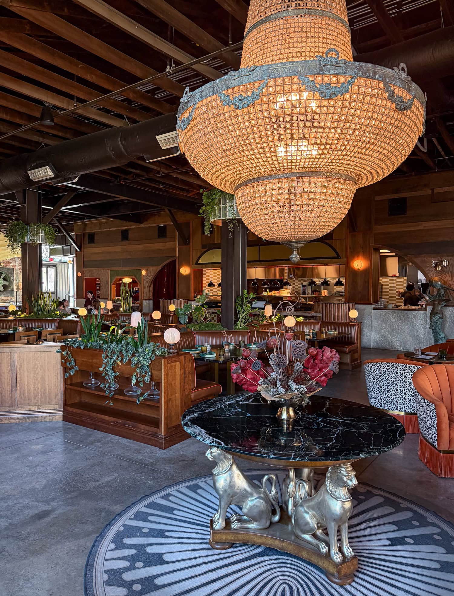 Grand chandelier and eclectic dining room at Red Herring Restaurant & Bar in Waco