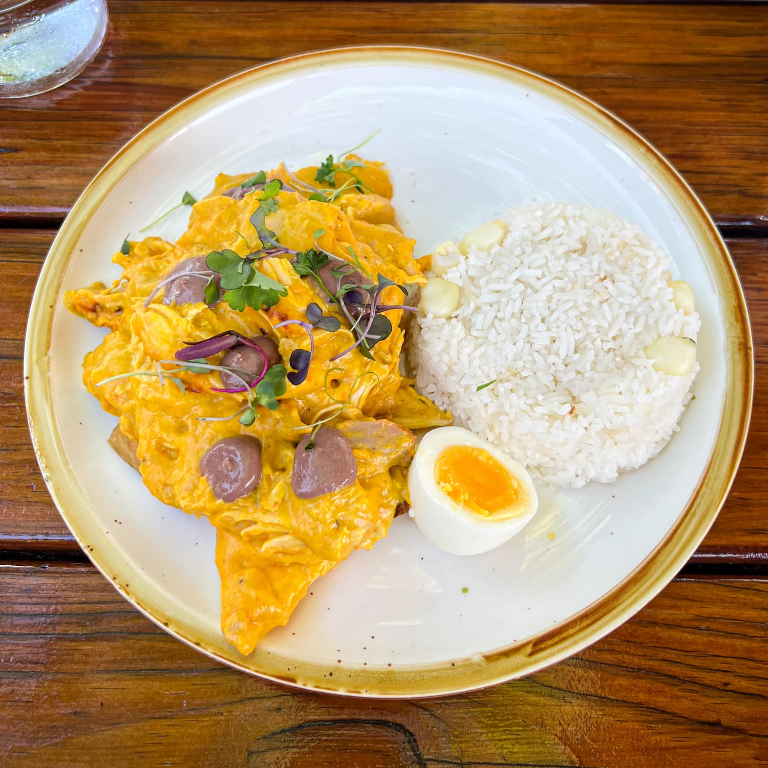 Aji de gallina with rice at Llama Kid, a Peruvian restaurant in East Austin