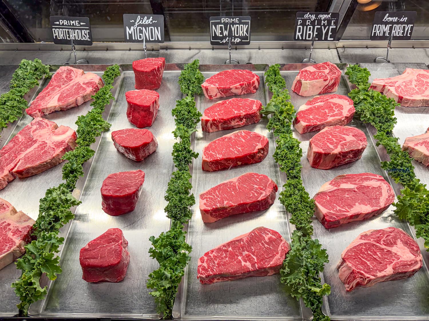 Raw steaks on display at Pappas Bros. Steakhouse.
