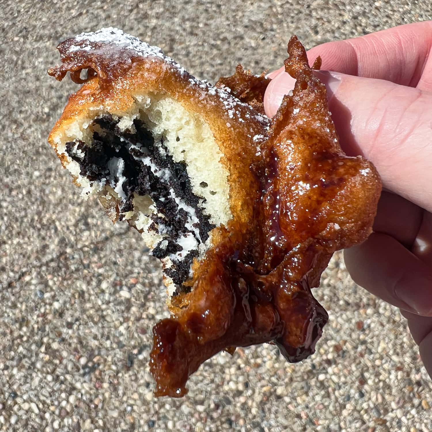 A deep-fried Oreo cookie