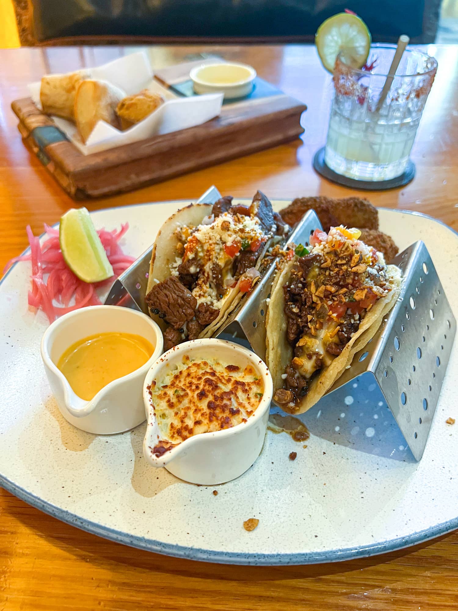 Fearing's buffalo tacos on white corn tortillas at the Ritz Carlton Hotel in Dallas, TX