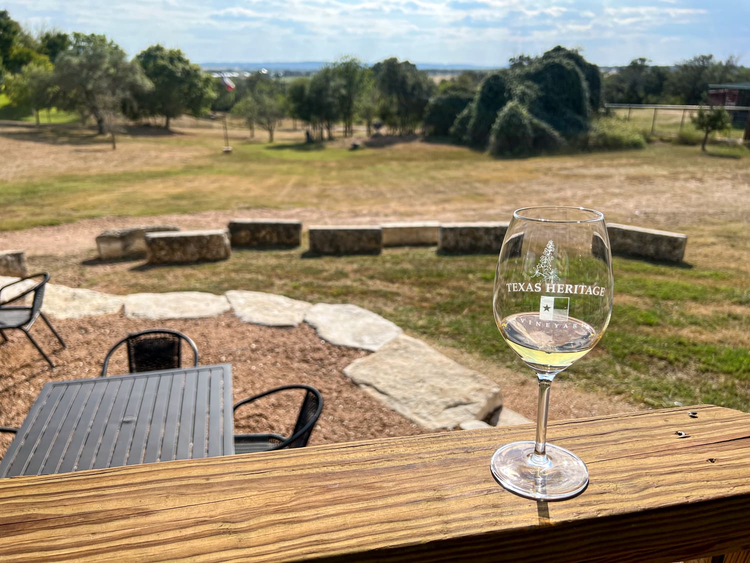 A glass of '21 Fiore del Sol during a wine tasting at Texas Heritage Vineyard in Fredericksburg