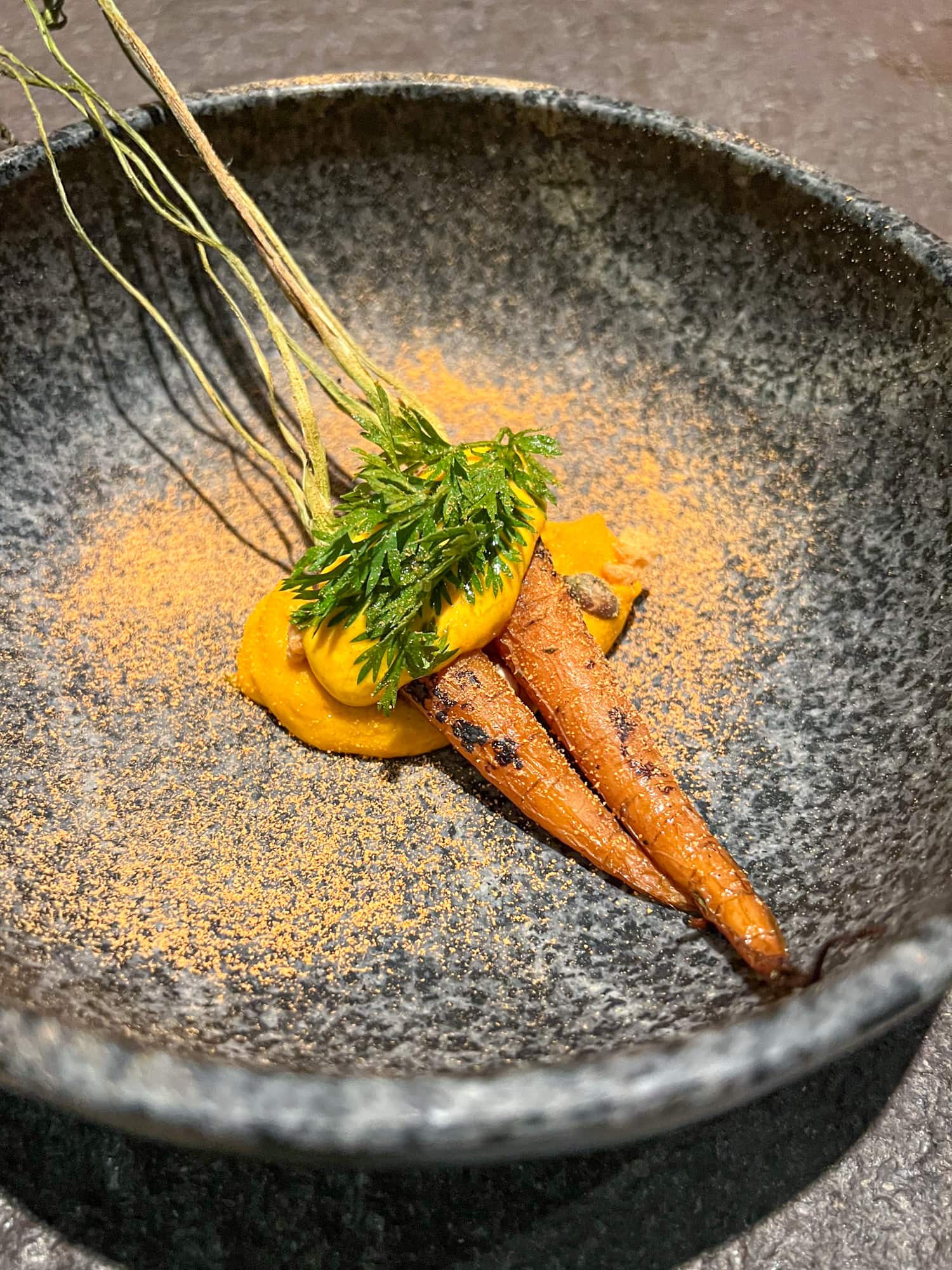 Carrots, yogurt, and leaves at Mayta Restaurant in Lima