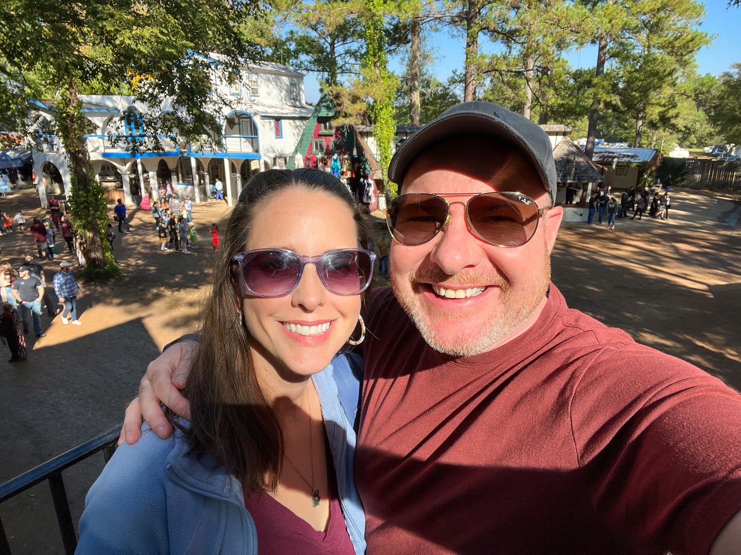 Kel and Dave on the balcony of Wyrmwood Public House at the Texas Renaissance Festival