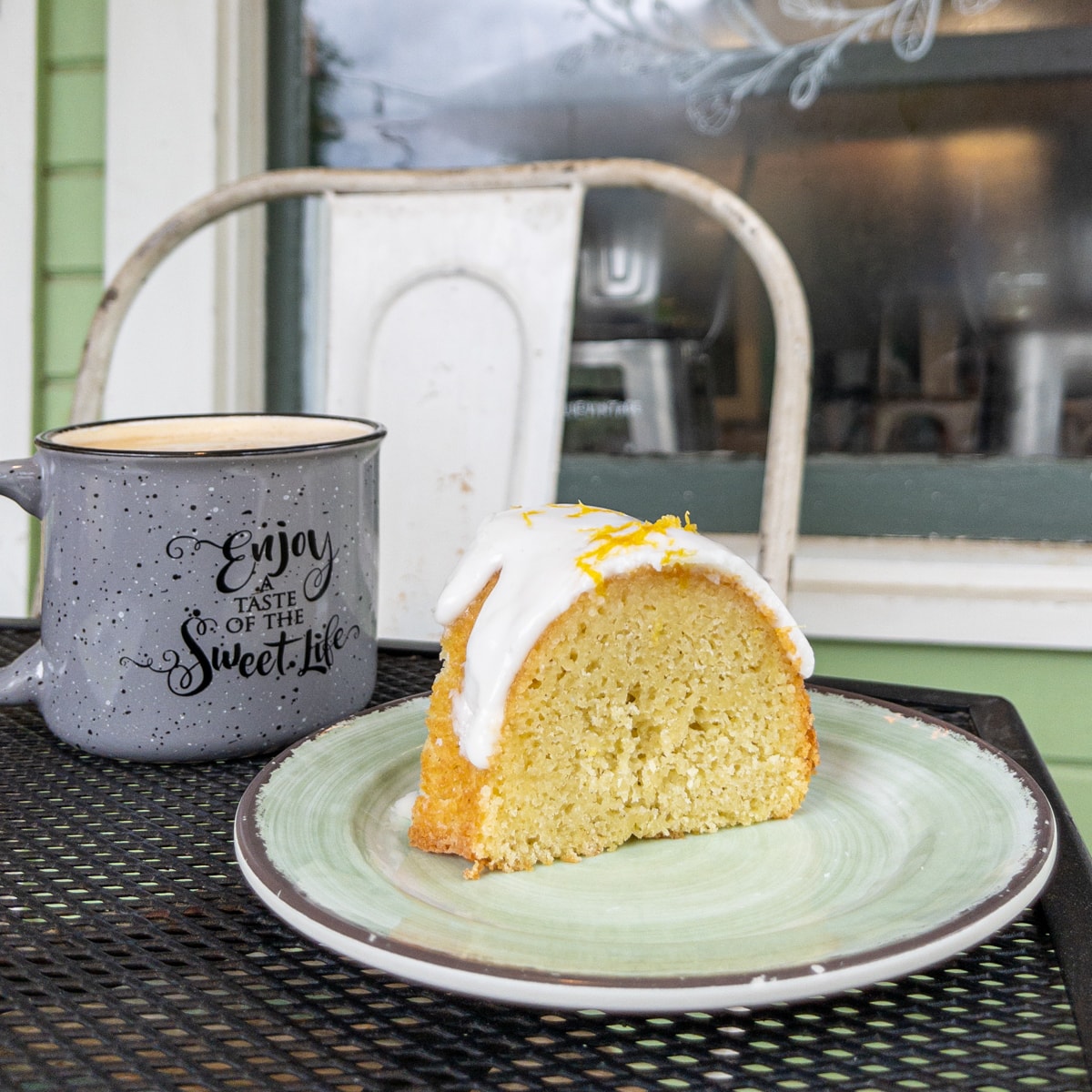 Lemon bundt cake and coffee at Sweet Lemon Kitchen