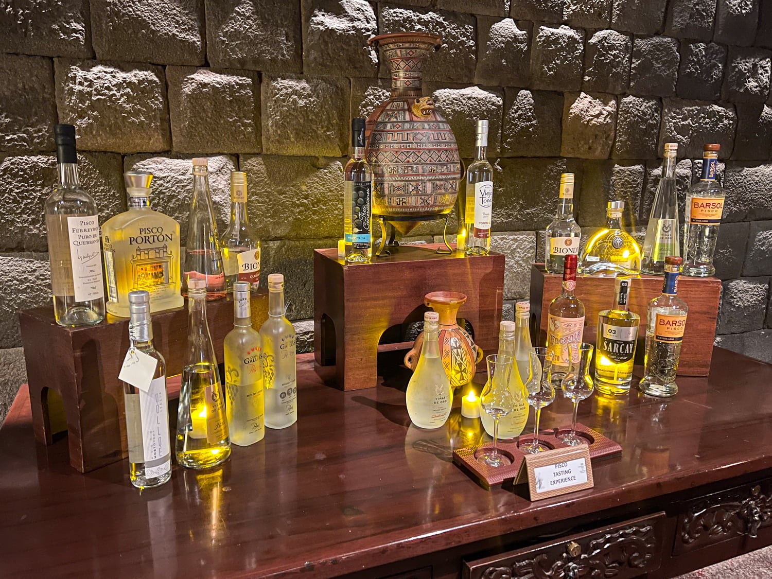 Bottles of Peruvian Piscos at the Rumi Bar in Palacio del Inka, Cusco