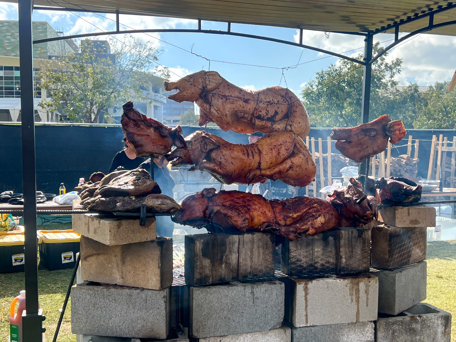 Pigs roasting at the Fire Pit, a popular area of the Austin Food and Wine Festival in 2022