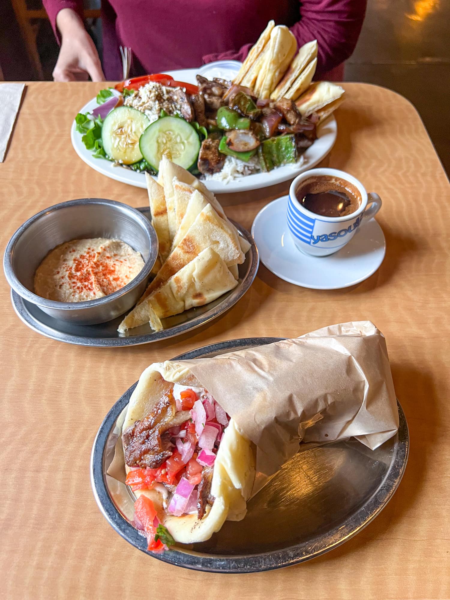 Pork gyro, hummus, and Greek coffee at Alpha Omega Grill & Bakery in Waco, TX