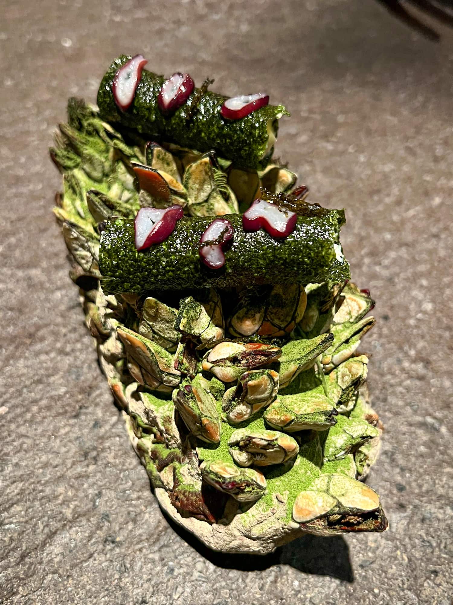 Crab, razor clams, and barnacles in a seaweed wrap