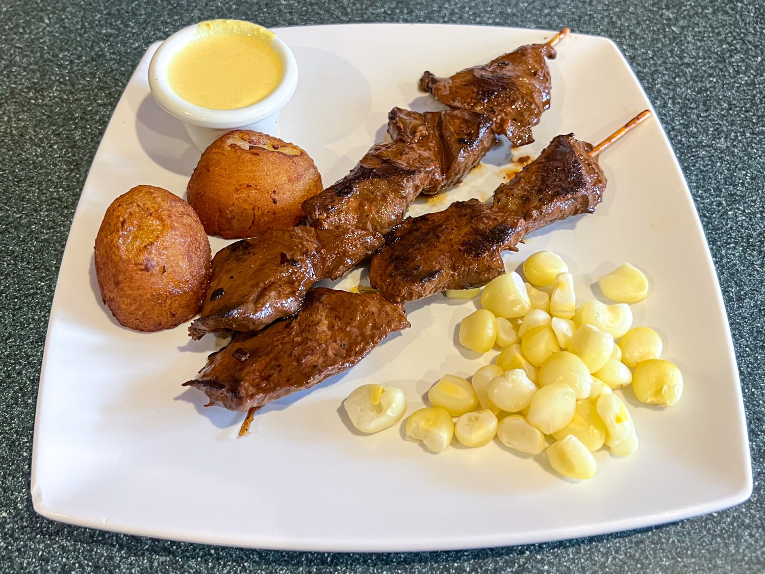 Beef heart on skewers at Lima Criolla restaurant in Austin, TX