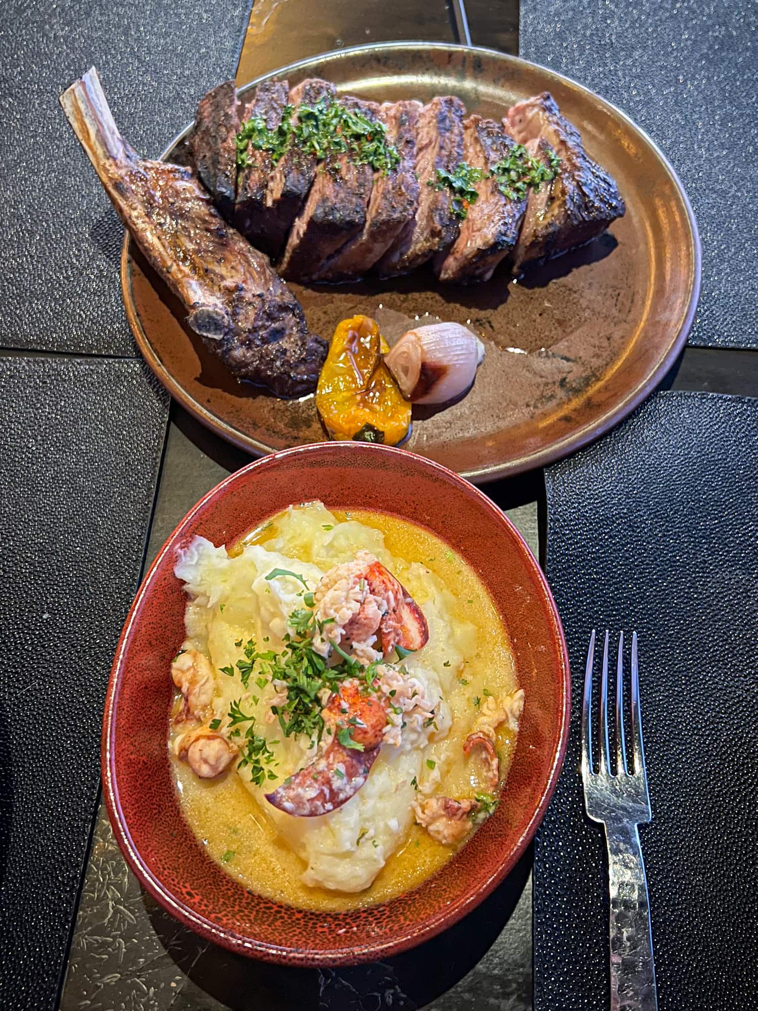 Lemon mashed potatoes with lobster with a 32-ounce bone-in ribeye steak at Mariposa in Sedona, AZ