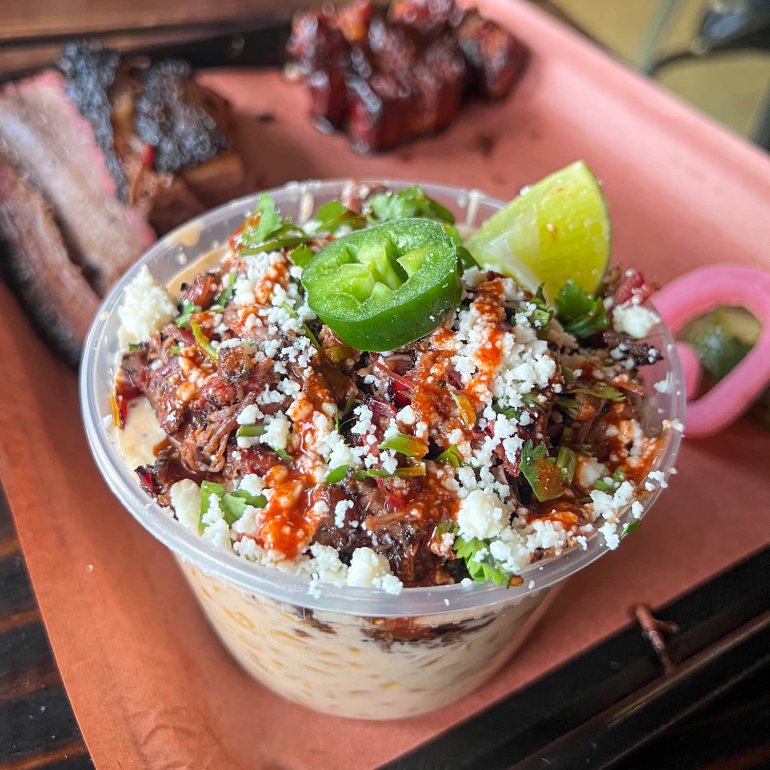 Brisket elote at Panther City BBQ in Fort Worth, TX