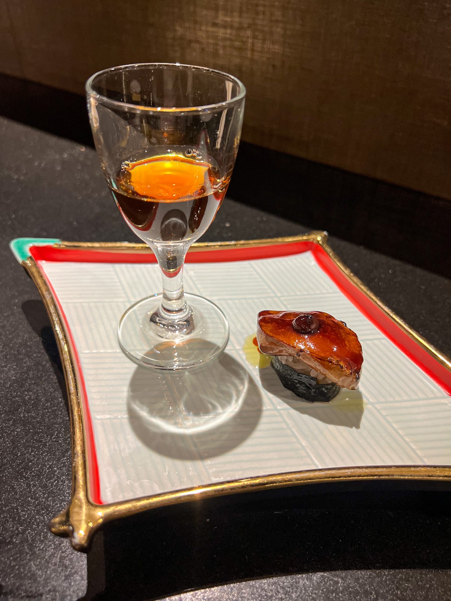 Chocolate foie gras, sea salt, kabayaki, served with 8-year Hanahato Kijoshu Sake