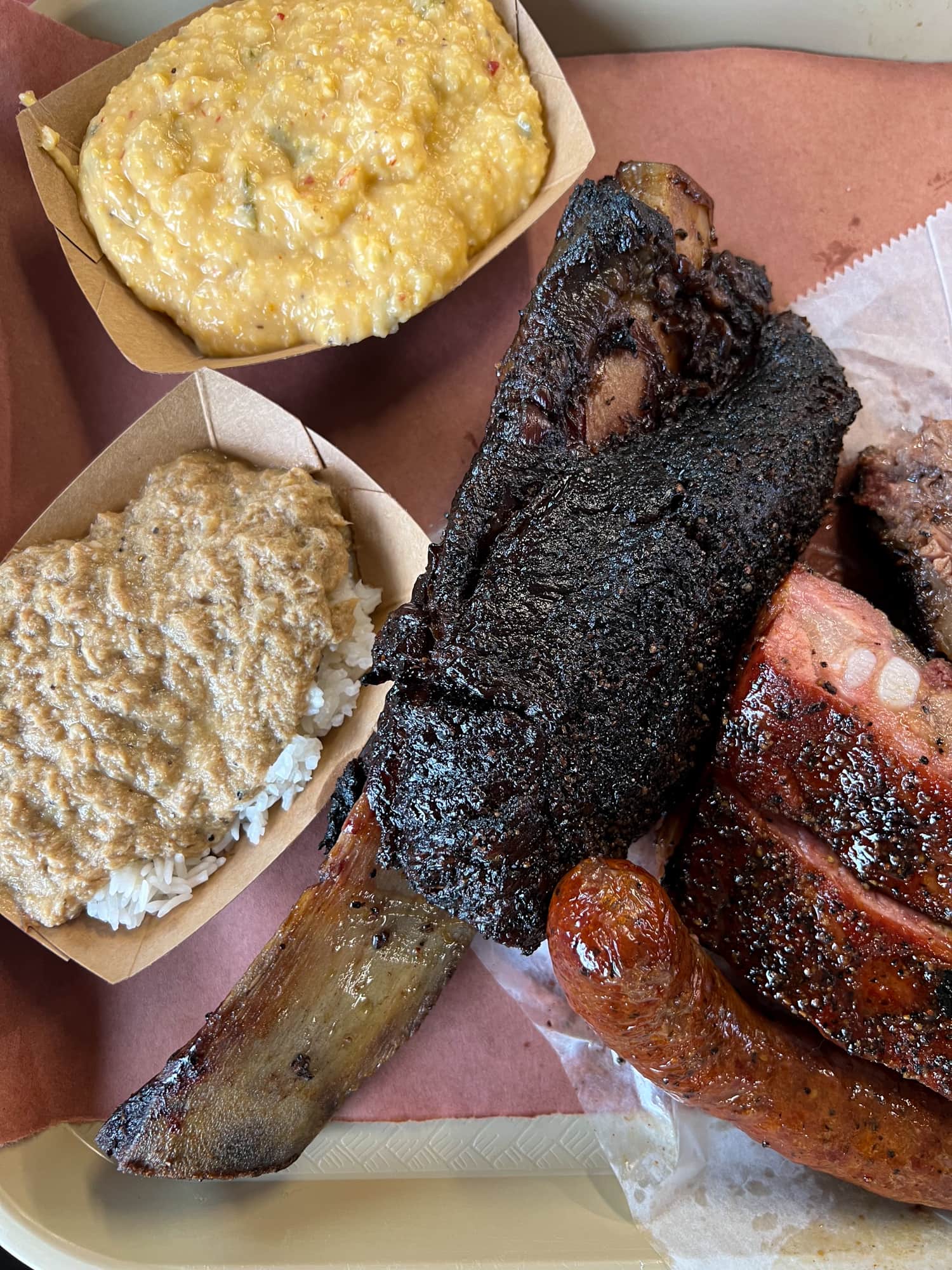 Goldee's BBQ beef rib with a few side dishes