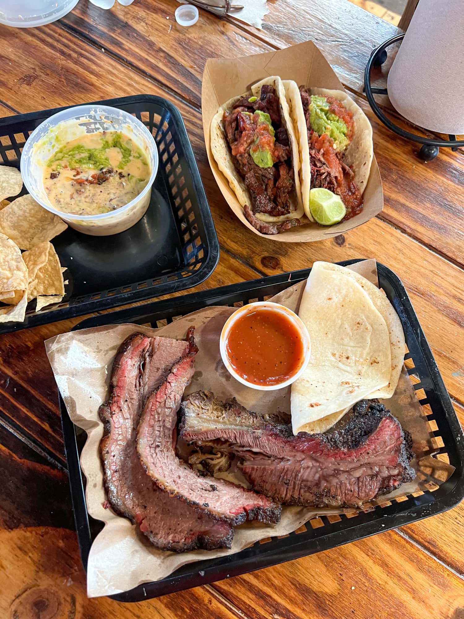 Brisket, queso, and tacos at Valentina's Tex-Mex BBQ in South Austin, TX