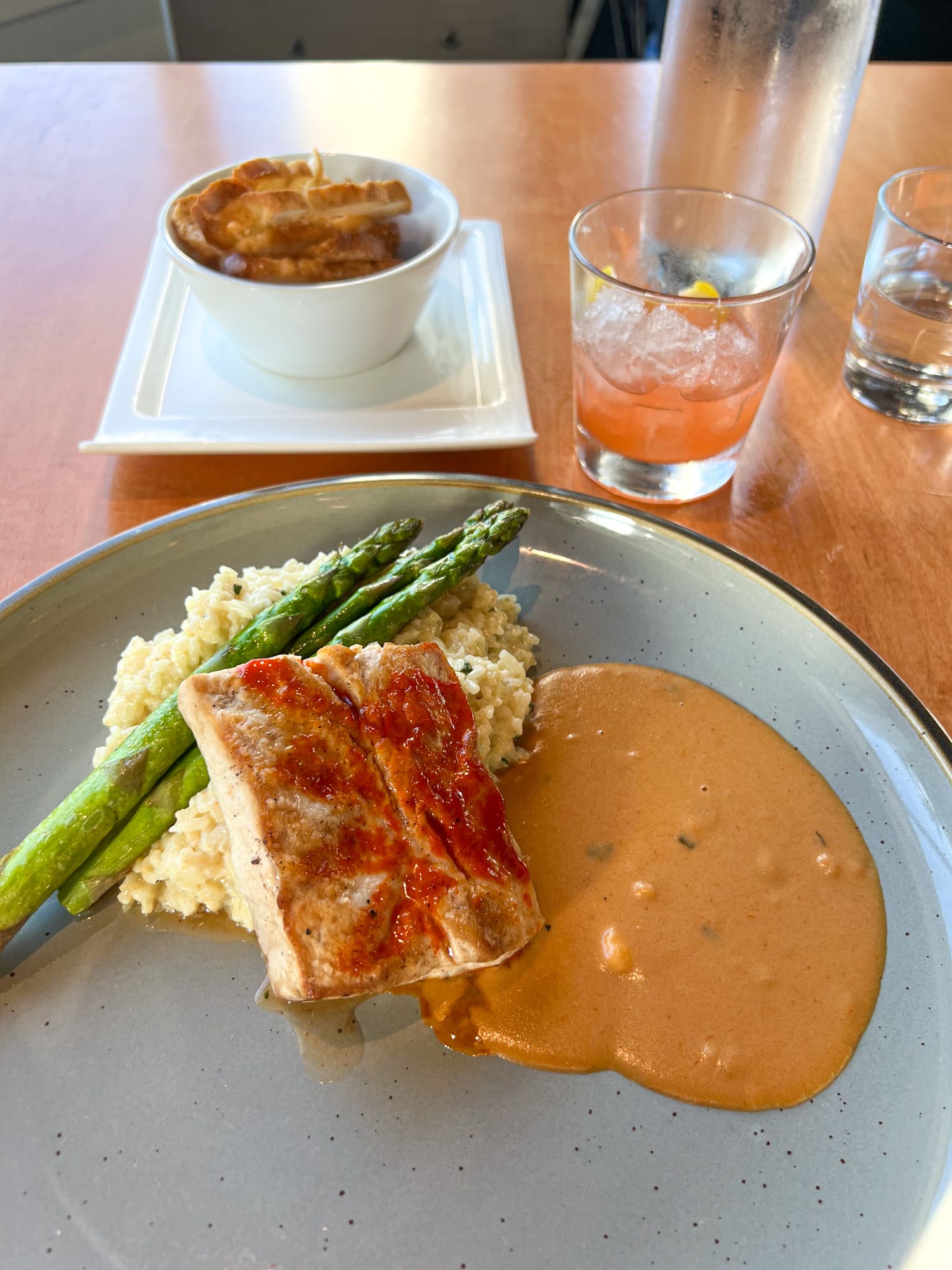 Chili rubbed mahi mahi with asparagus and rice at Watervue, a great place to eat by the water in downtown Tampa