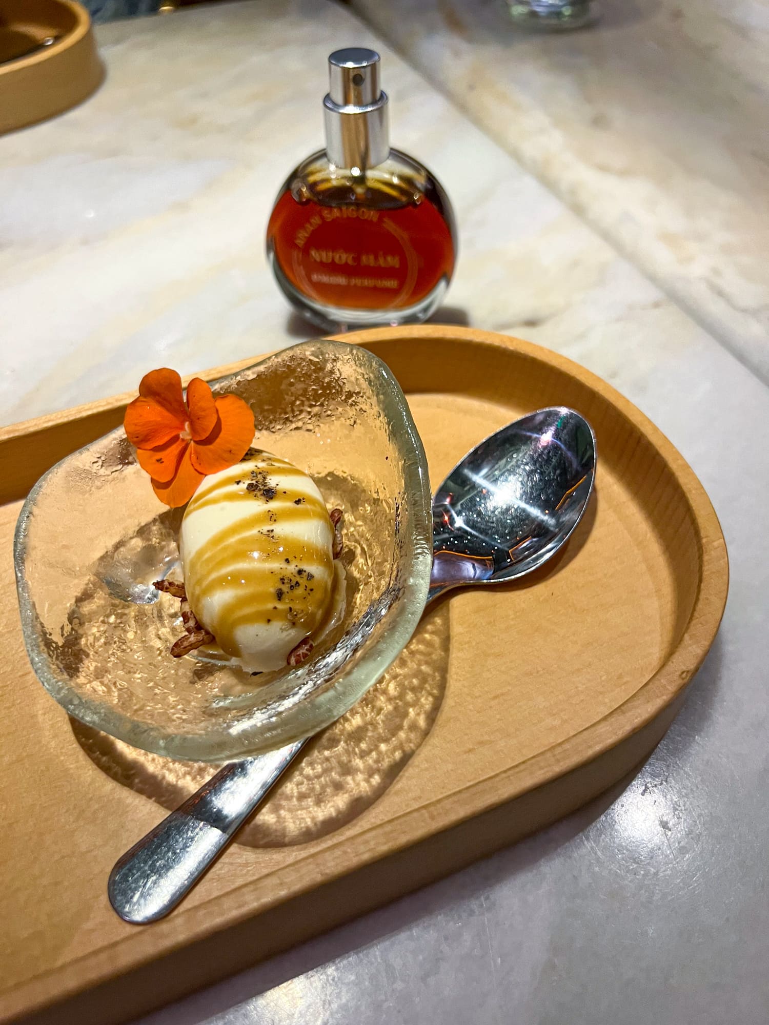 Fish sauce ice cream, a signature dessert at Anan Saigon in Vietnam