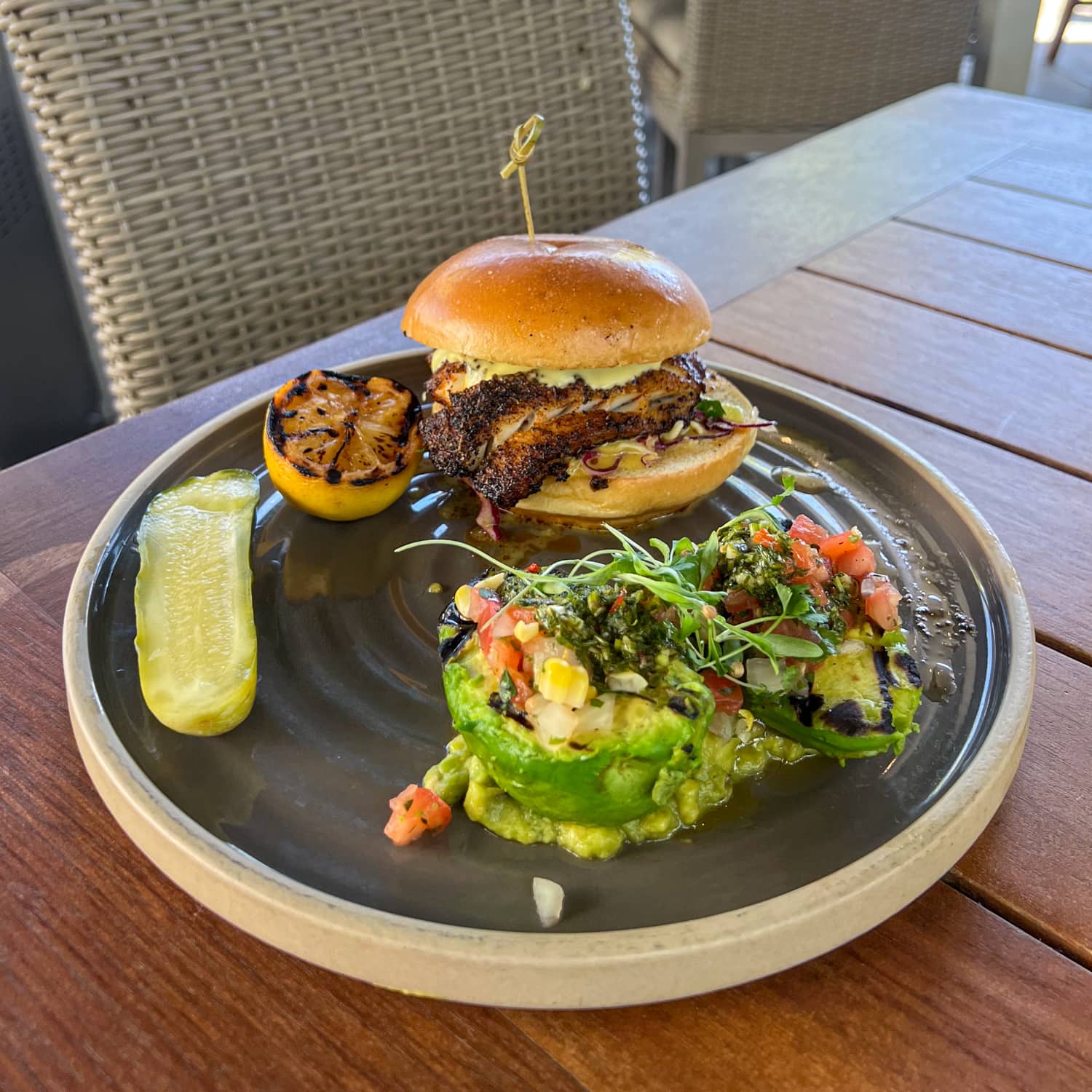 Grouper sandwich and stuffed avocados at Anchor & Brine on the Tampa waterfront