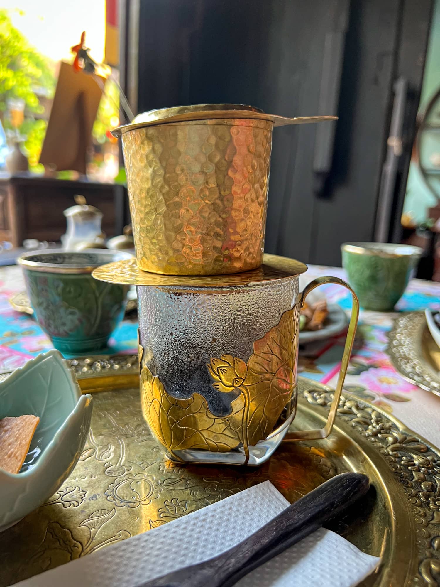 Hot Vietnamese drip coffee at Reaching Out Teahouse in Hoi An