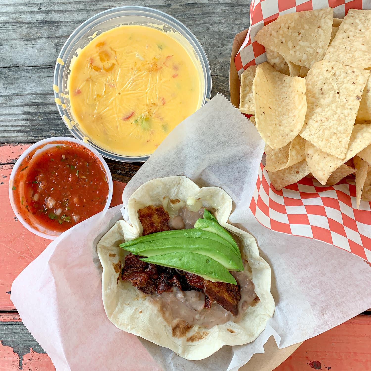 The Taco Don Chago with fresh avoacodo, chips and queso at Pueblo Viejo