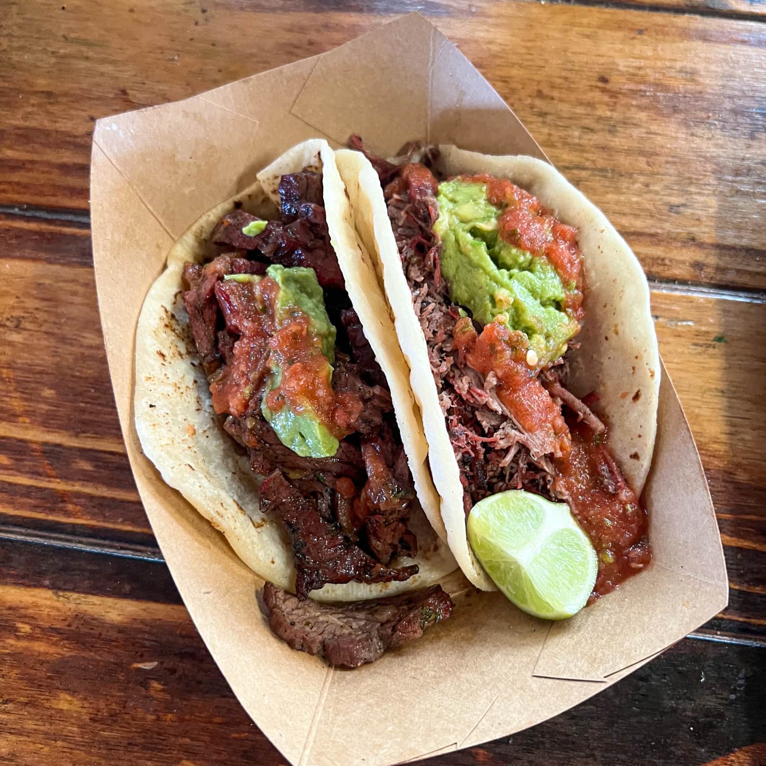 Brisket tacos with guacamole at Valentina's Tex Mex BBQ in South Austin