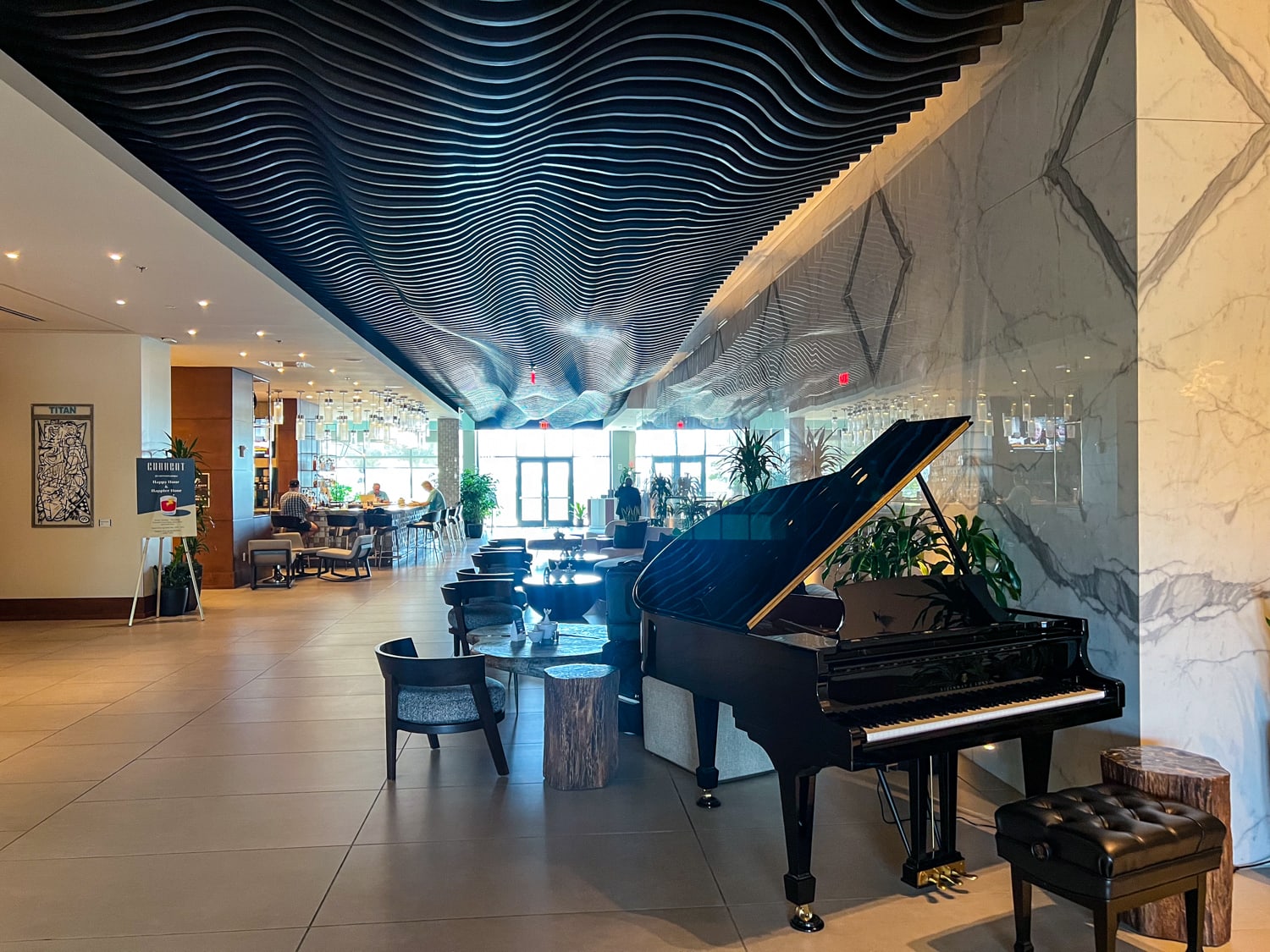 Lobby of The CURRENT Hotel with player piano