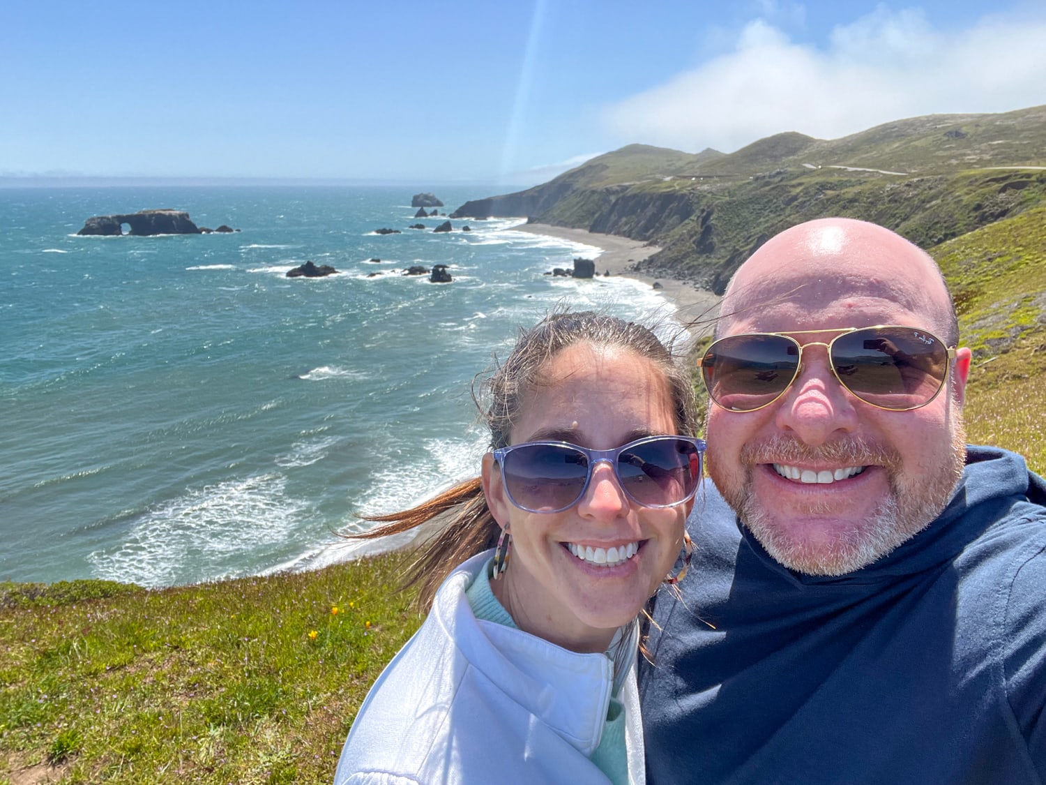 Dave and Kel overlooking Blind Beach on a Northern California road trip