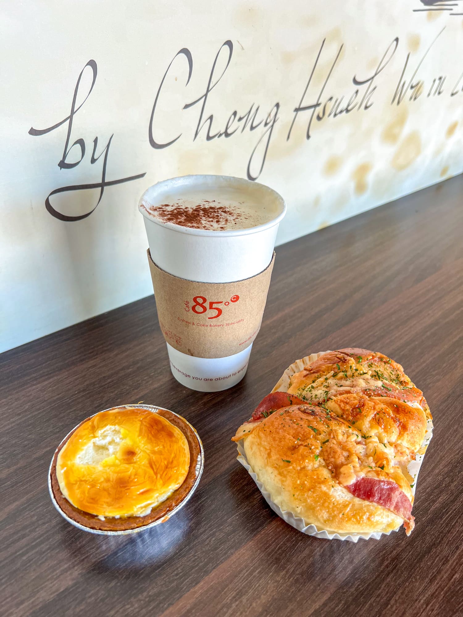 Hokkaido cheese tart, bacon and cheese pastry, and a salt coffee