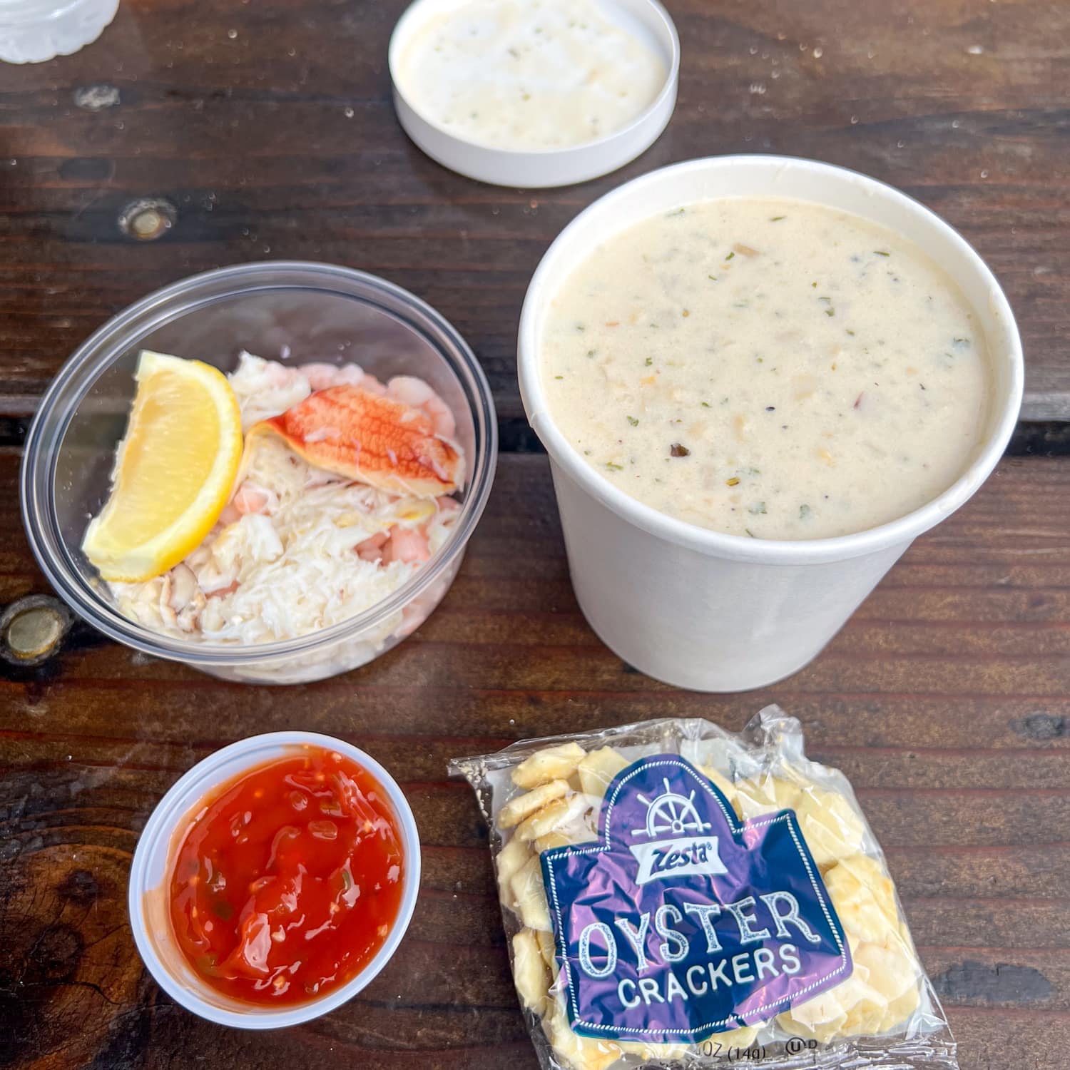 New England clam chowder and seafood salad at Spud Point Crab Co