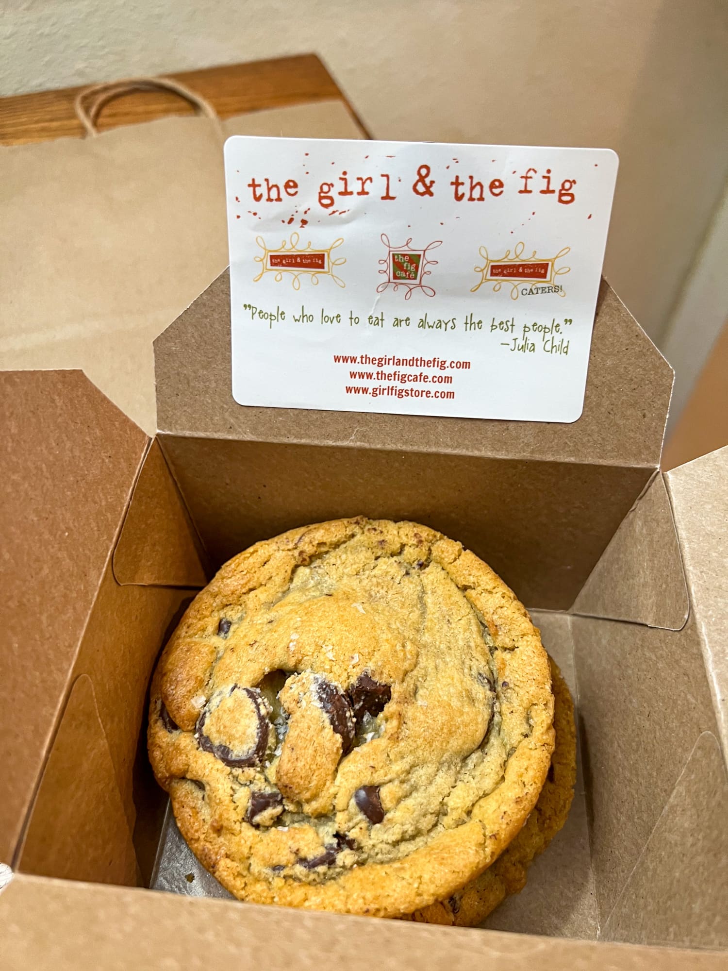 Chocolate chunk sea salt cookies in a to-go box