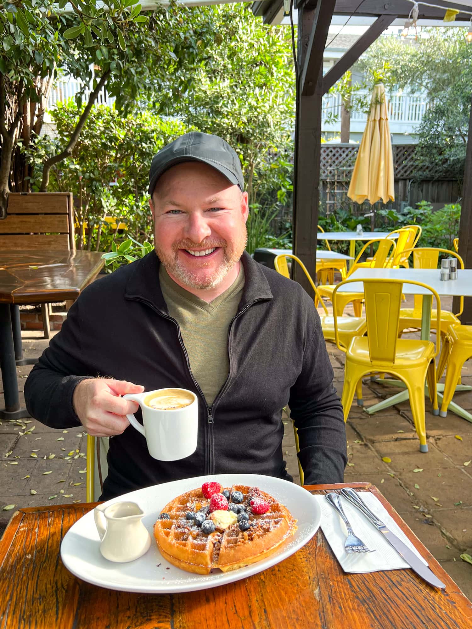 Dave with a latte and waffles at Sunflower Caffe in Sonoma Plaza (photo by Kelly Lemons)