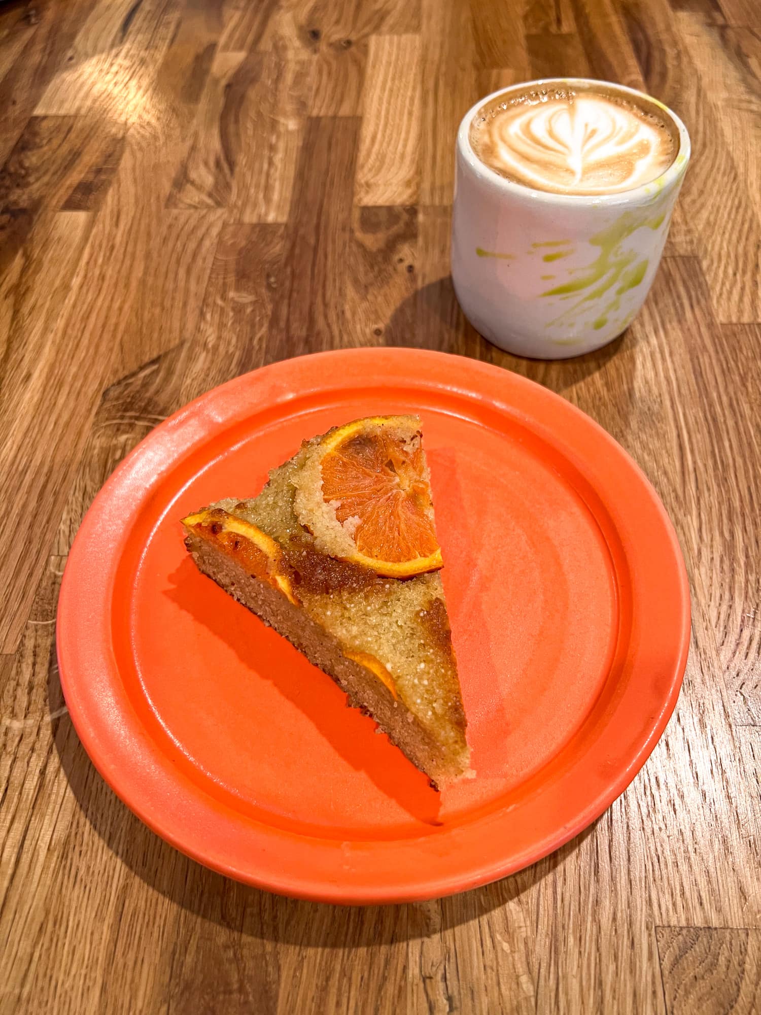 Orange upside-down cake and coffee at Valley restaurant