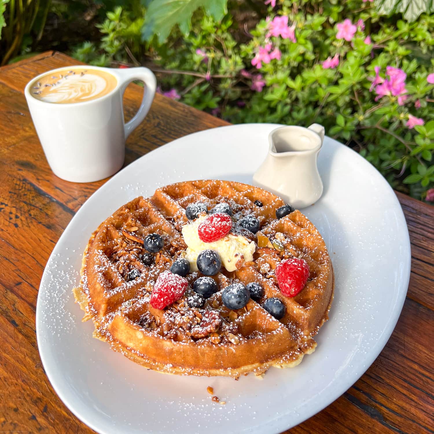 Waffles with berries and a lavender latte at Sunflower Caffe in Sonoma Plaza