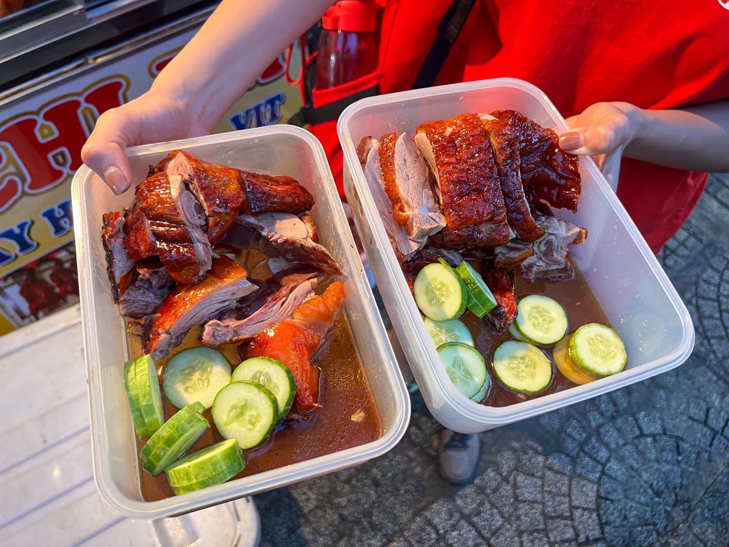 Freshly-prepared duck with cucumbers