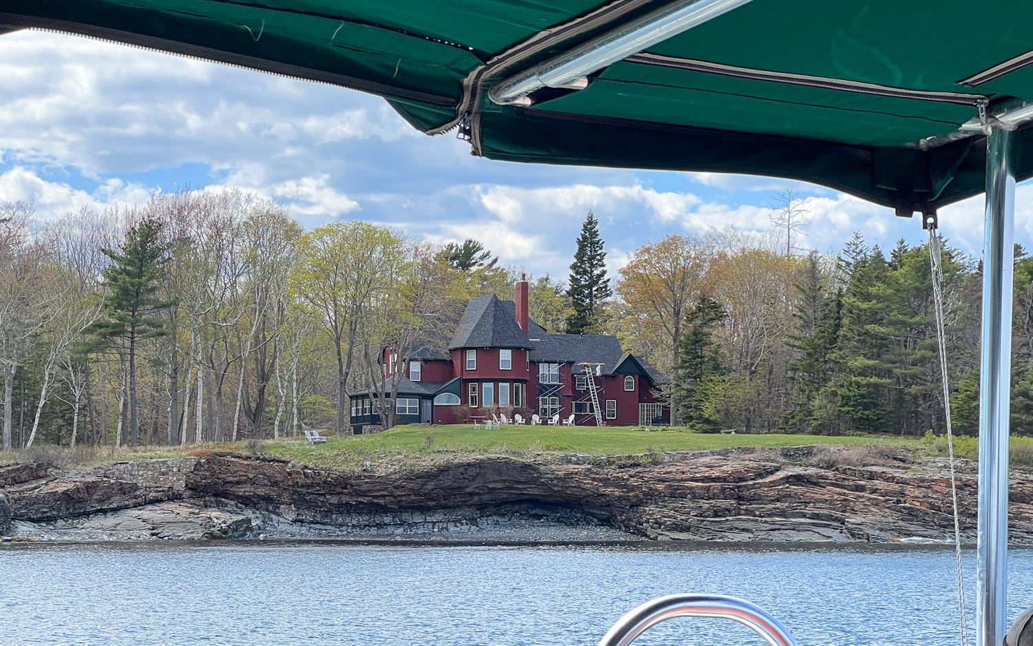 Red mansion with an ocean view