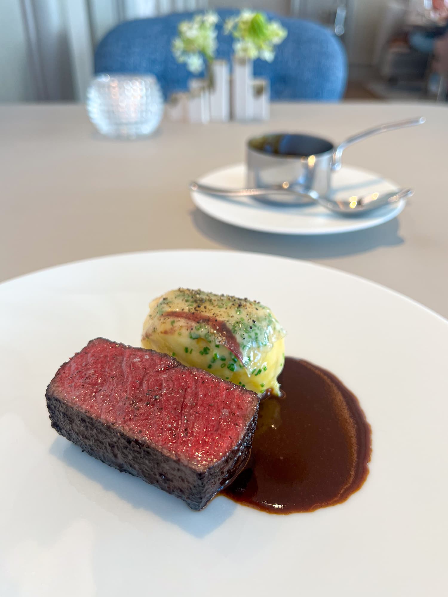 Venison from Shiranuka Town with sweet potato and sauce au poivre is served at Sezanne restaurant in Tokyo