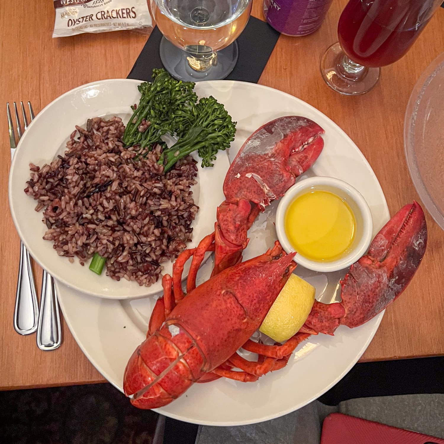 Whole lobster with wild rice and broccolini at Galyn's